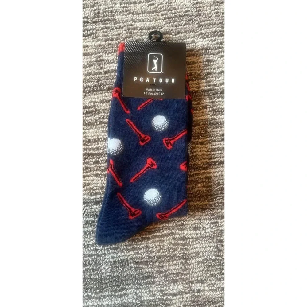 PGA TOUR Mens Golf Ball and Tee Crew Socks Navy Heather Red Size 9-12 NEW